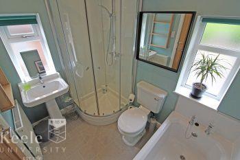 First floor bathroom with bathtub and separate walk-in shower enclosure